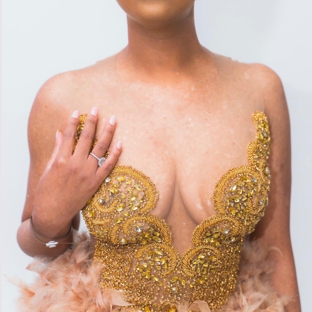 Gold Hand Beaded Feather Cocktail Dress (Prom, Birthday, Special Occasions)